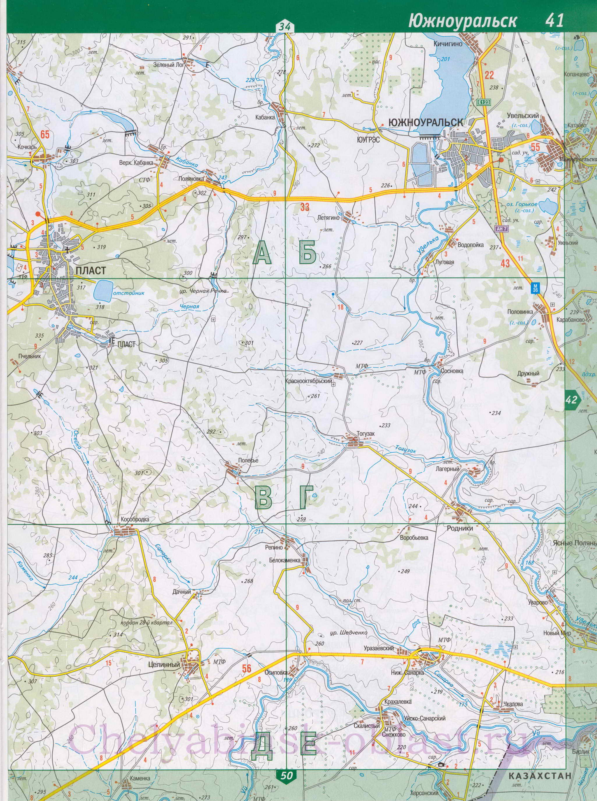 Карта Троицкий район, Челябинская обл. Подробная карта автодорог Троицкого района, A0 - 