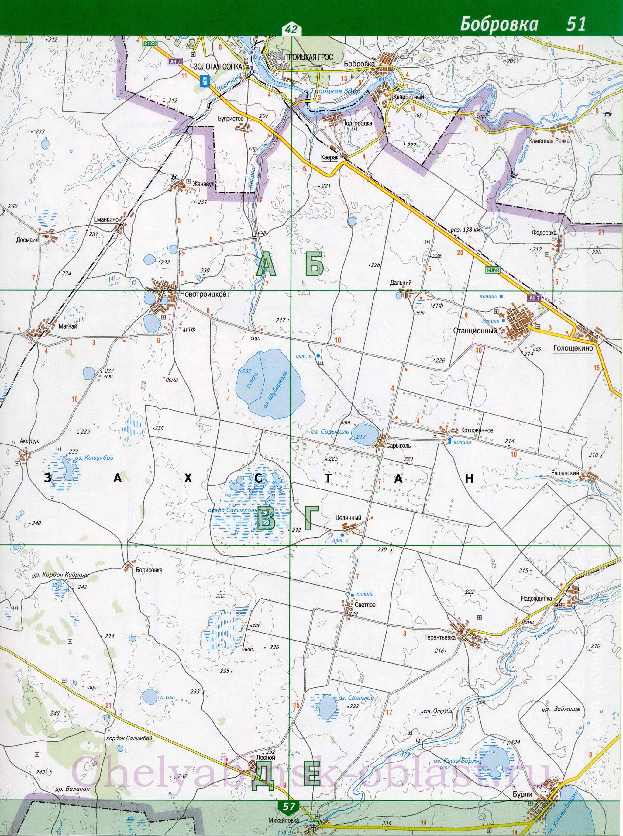 Карта Троицкий район, Челябинская обл. Подробная карта автодорог Троицкого района, B1 - 