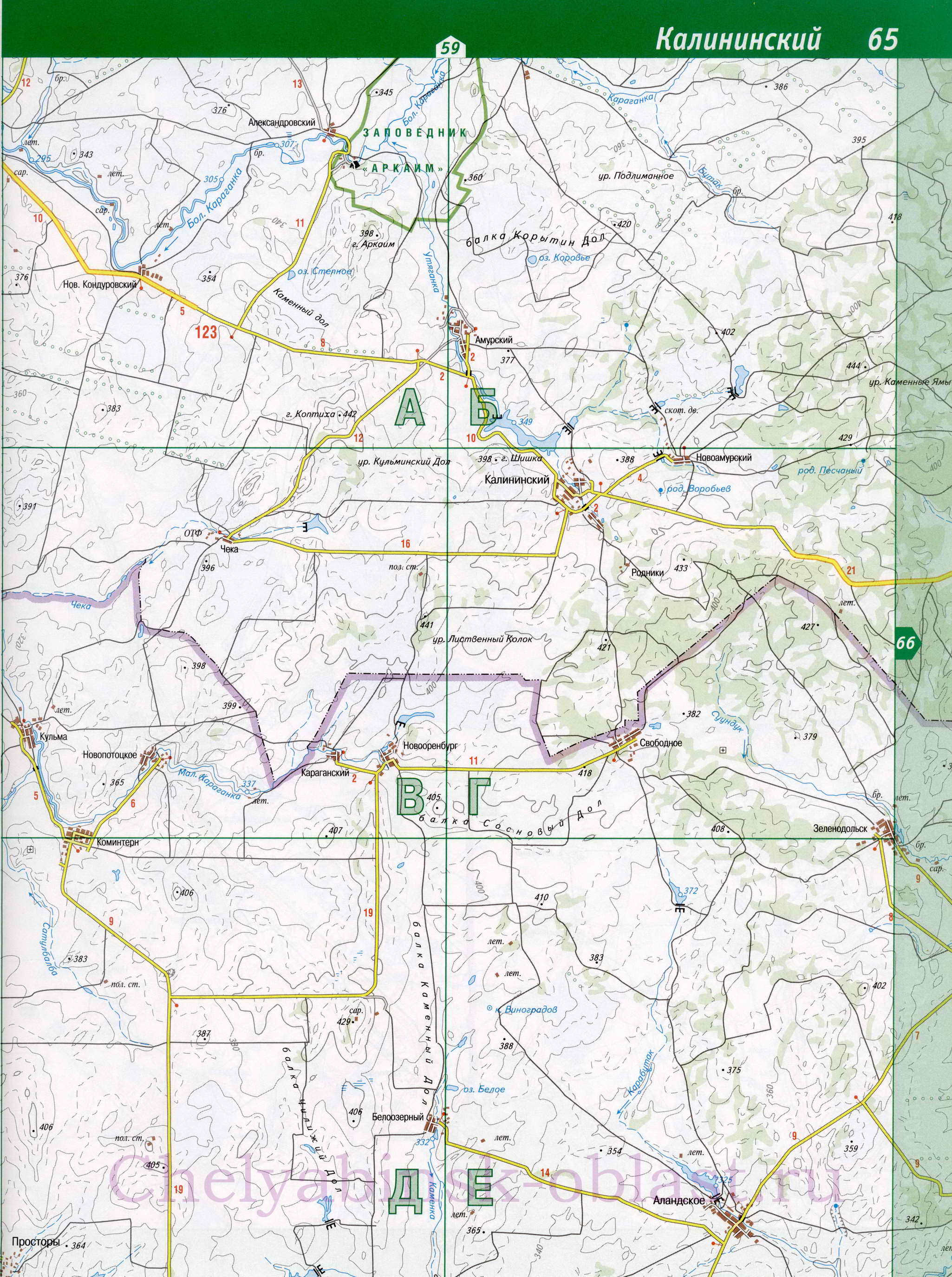 Карта Кизильского района. Подробная карта автодорог - Кизильский район, Челябинская область, B1 - 