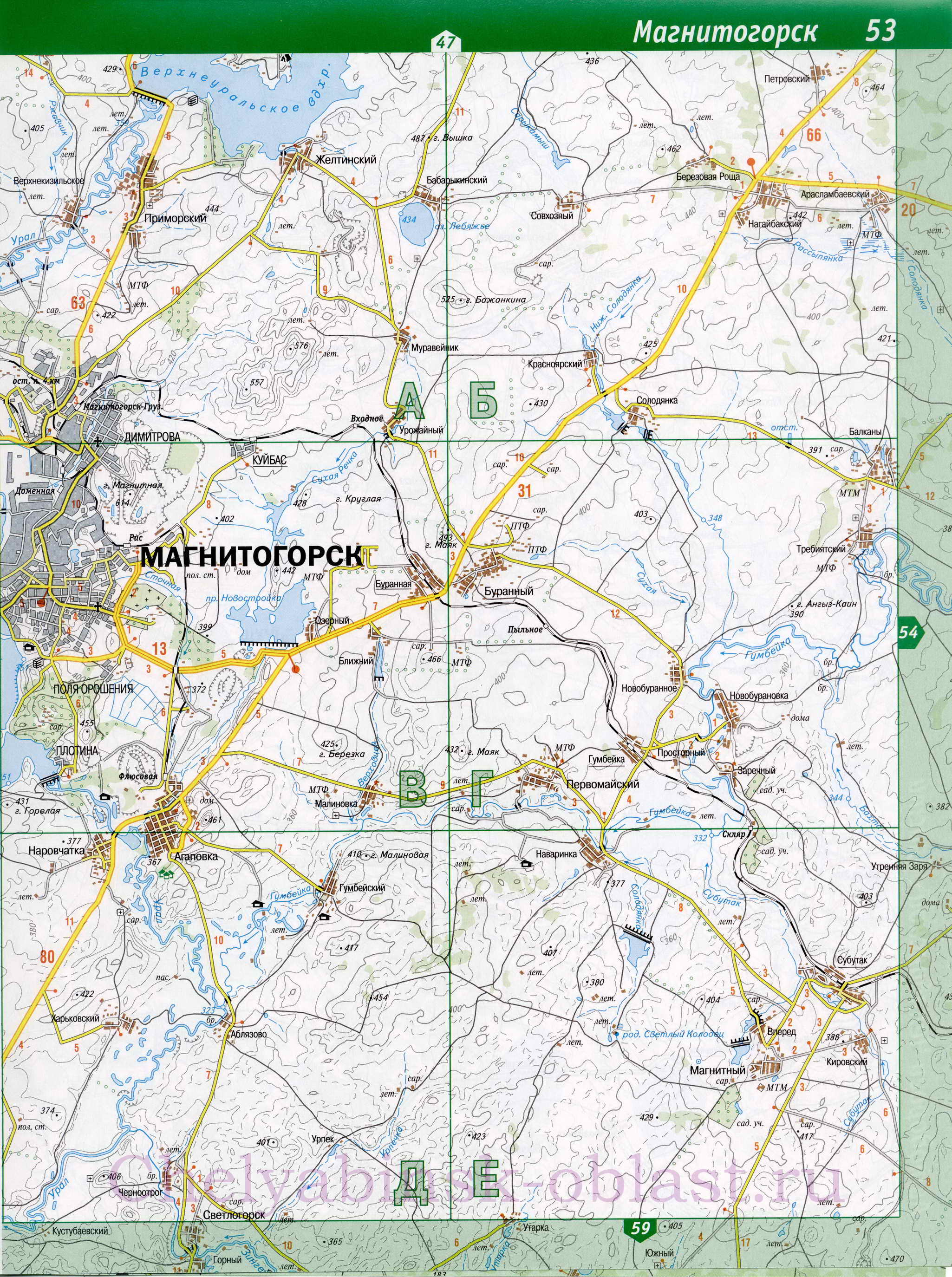 Автомобильная карта Магнитогорска. Подробная карта автомобильных дорог Магнитогорска, B0 - 