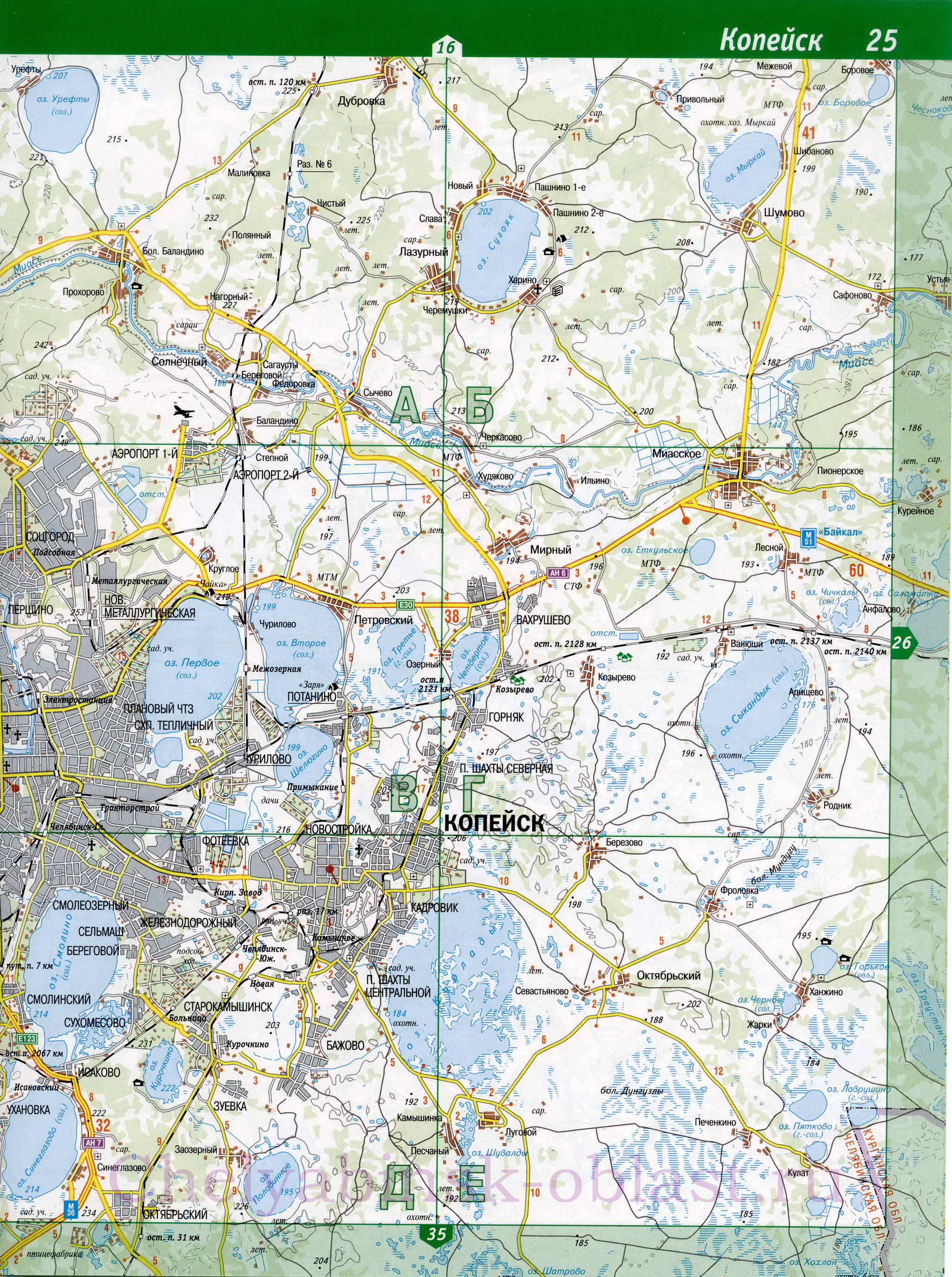 Автомобильная карта Копейска. Подробная карта автомобильных дорог г Копейск, Челябинская область, B0 - 